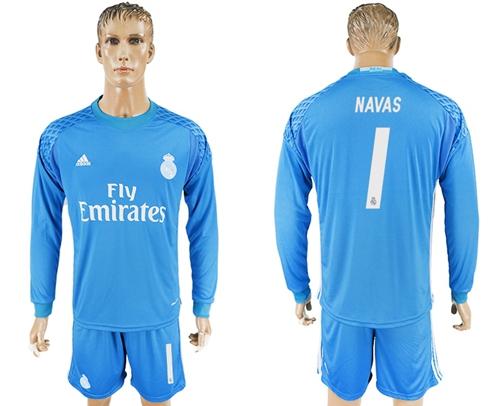 Real Madrid #1 Navas Sky Blue Goalkeeper Long Sleeves Soccer Club Jersey - Click Image to Close